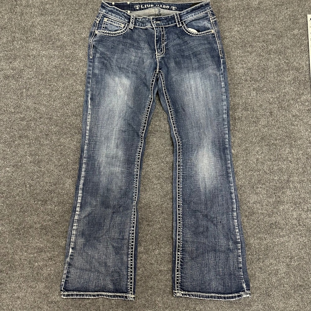 Live Hard Jeans Womens Size 32 Blue Bootcut Thick Stitch Embroidered Flap Pocket